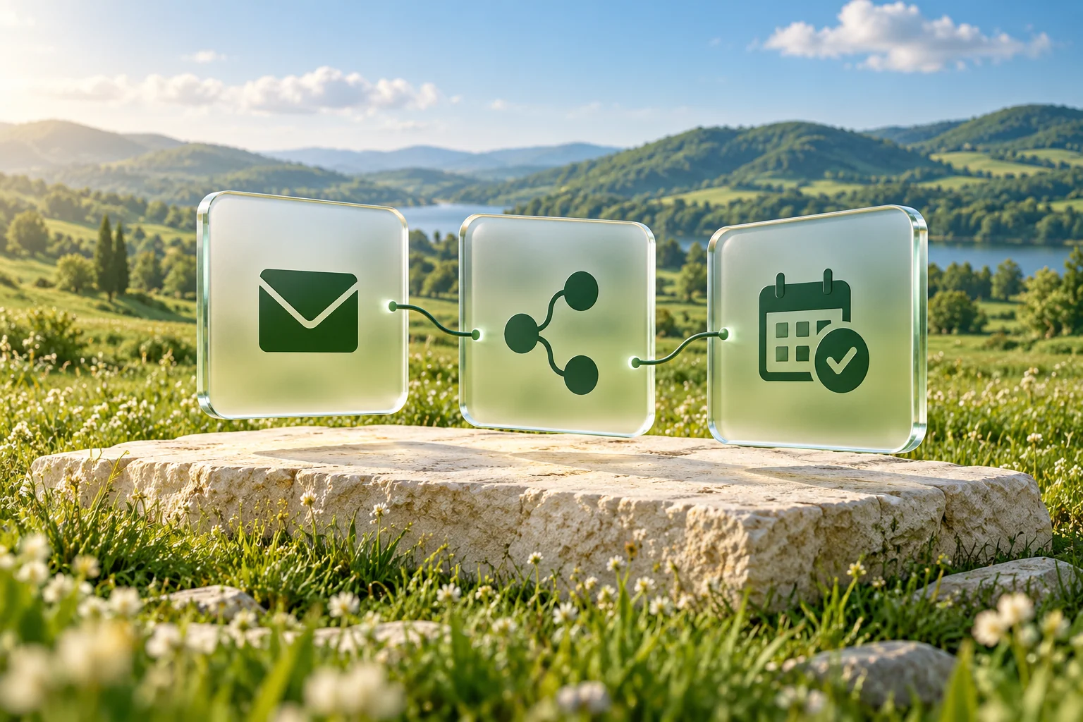 Connected glass panels illustrating an enquiry becoming a booked meeting in a green meadow