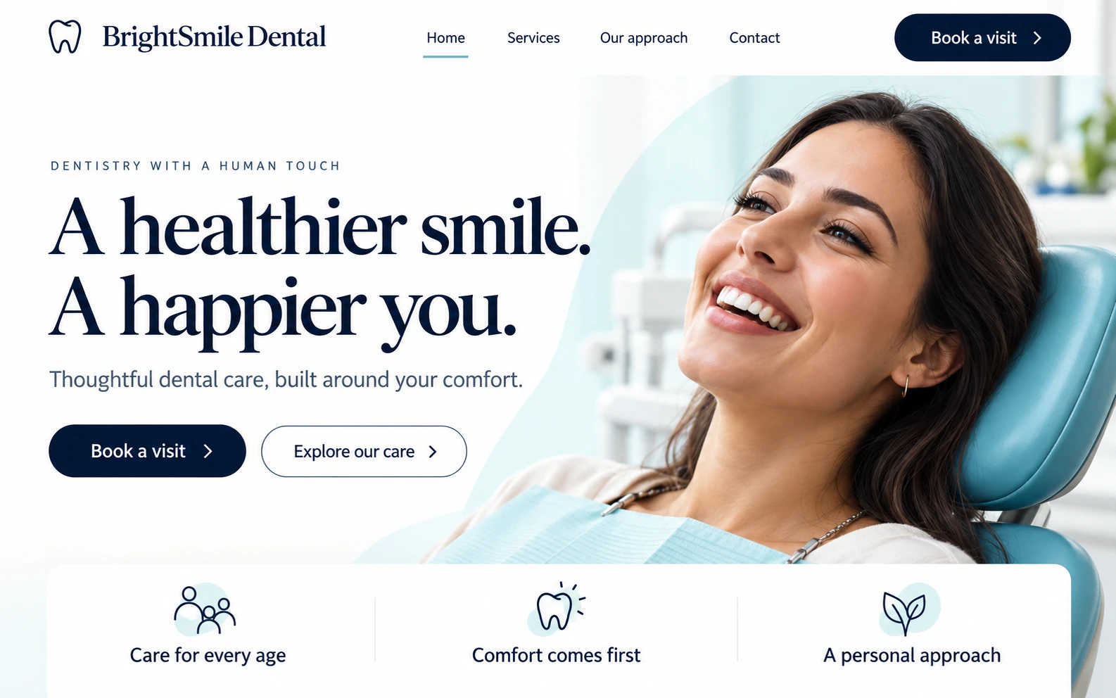 After concept: BrightSmile Dental with refined typography, clear booking buttons and a smiling patient photograph
